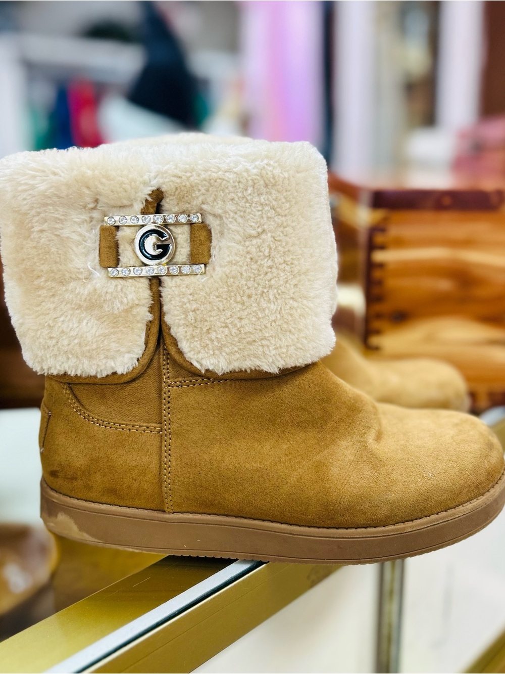 Guess Tan Suede Kids Boots with Cream Faux Fur Cuff and Crystal Accent